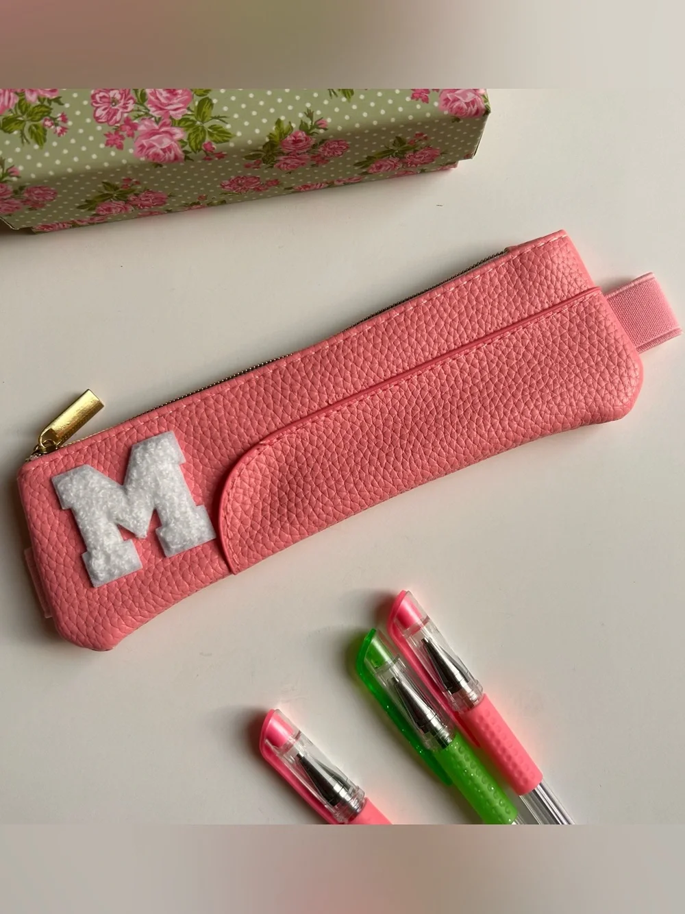Pencil Case in Pink Faux Leather with White Chenille Varsity Monogrammed
